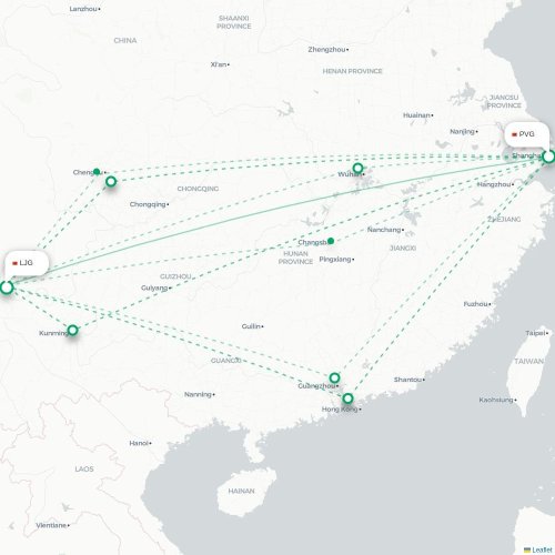 Mapa lotu bezpośredniego Szanghaj – Lijiang