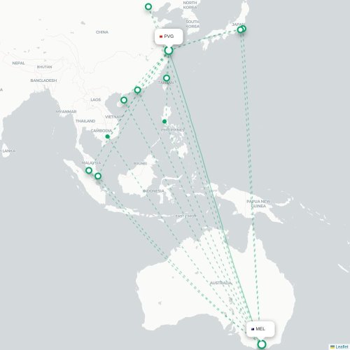 Mapa lotu bezpośredniego Szanghaj – Melbourne