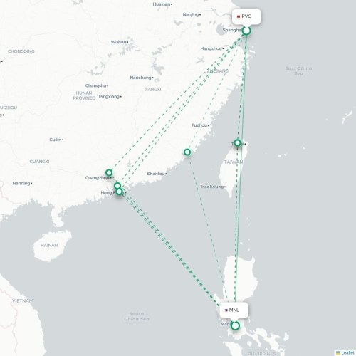 Mapa lotu bezpośredniego Szanghaj – Manila