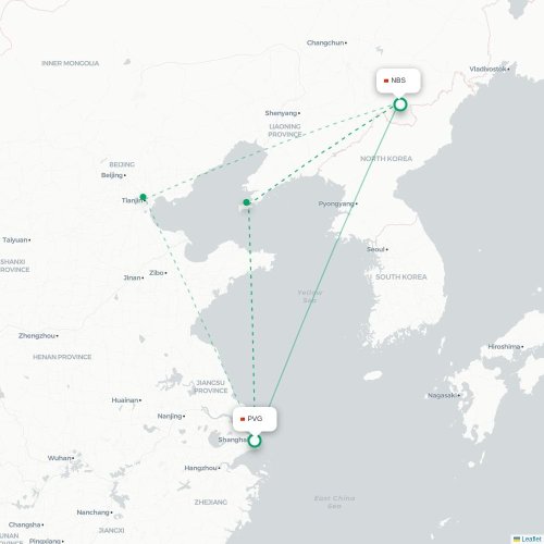 Mapa lotu bezpośredniego Szanghaj – Baishan