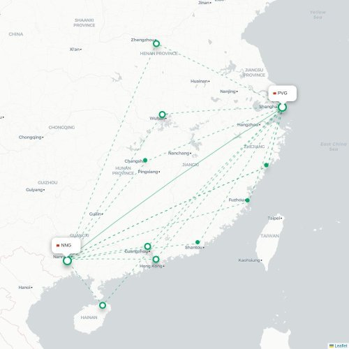 Mapa lotu bezpośredniego Szanghaj – Nanning