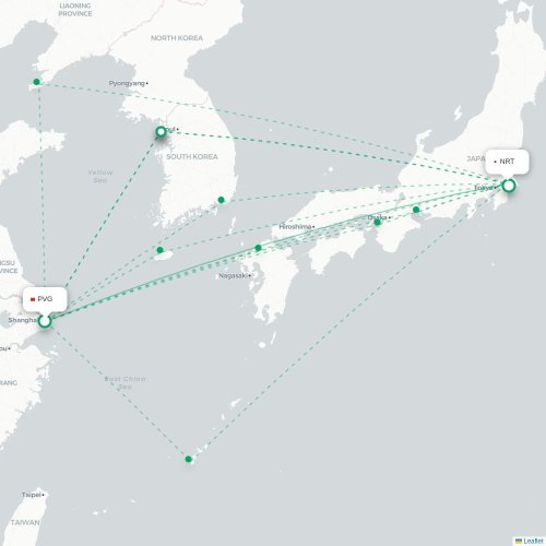 Mapa lotu bezpośredniego Szanghaj – Tokio