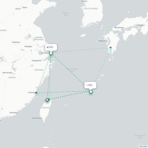 Mapa lotu bezpośredniego Szanghaj – Okinawa