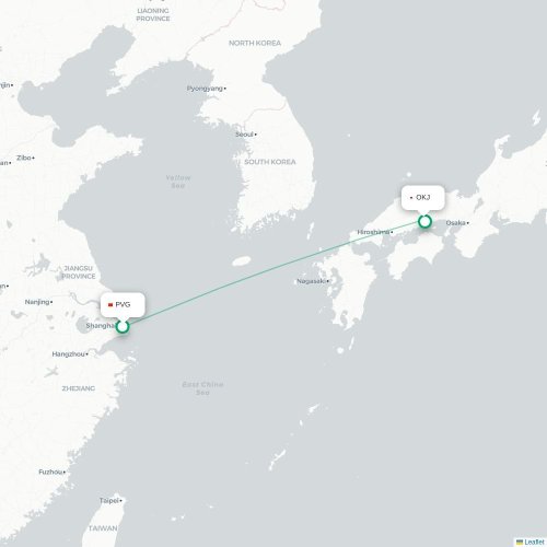 Mapa de vuelo directo Shangai - Okayama