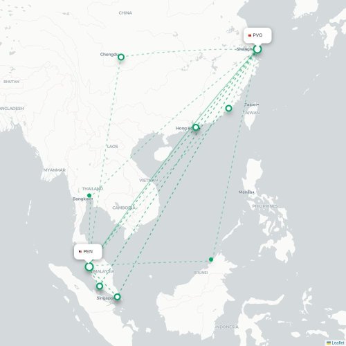 Mapa lotu bezpośredniego Szanghaj – Penang