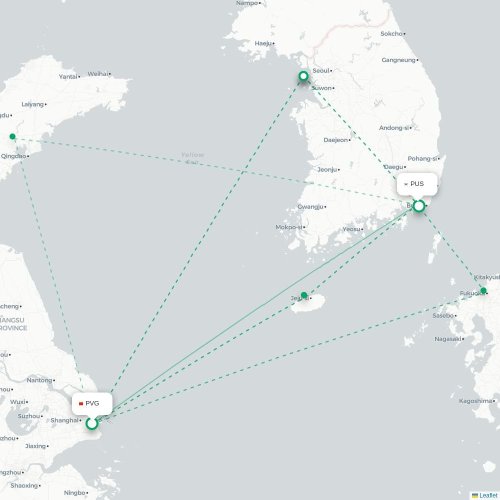 Mapa lotu bezpośredniego Szanghaj – Pusan