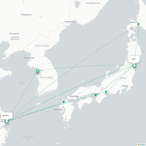 Mapa lotu bezpośredniego Szanghaj – Sendai
