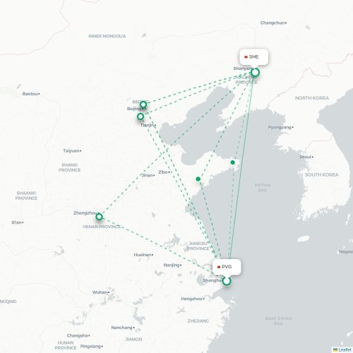 Mapa lotu bezpośredniego Szanghaj – Shenyang