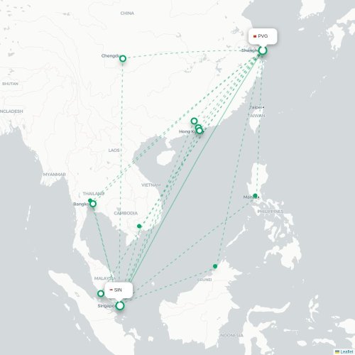 Mapa lotu bezpośredniego Szanghaj – Singapur