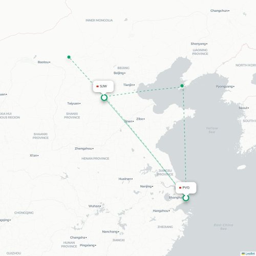 Mapa lotu bezpośredniego Szanghaj – Shijiazhuang
