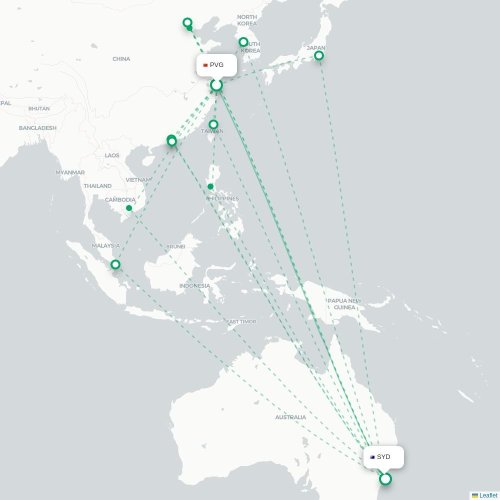 Mapa lotu bezpośredniego Szanghaj – Sydney
