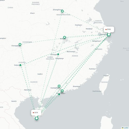 Mapa lotu bezpośredniego Szanghaj – Sanya