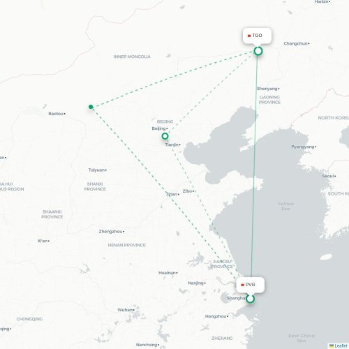 Mapa lotu bezpośredniego Szanghaj – Tongliao