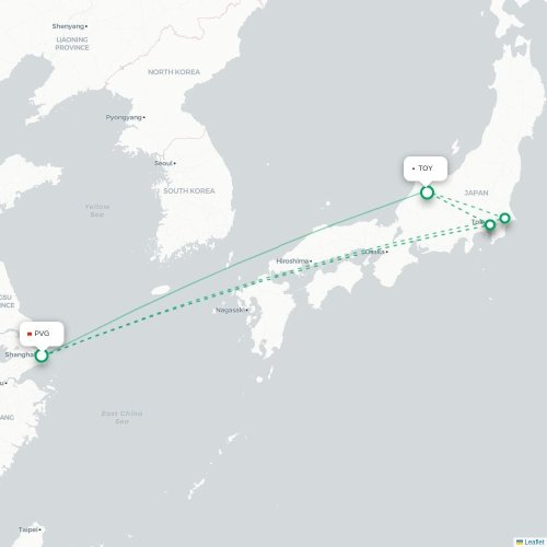 Mapa lotu bezpośredniego Szanghaj – Toyama