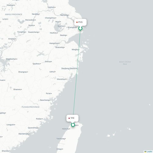 Mapa lotu bezpośredniego Szanghaj – Tajpej