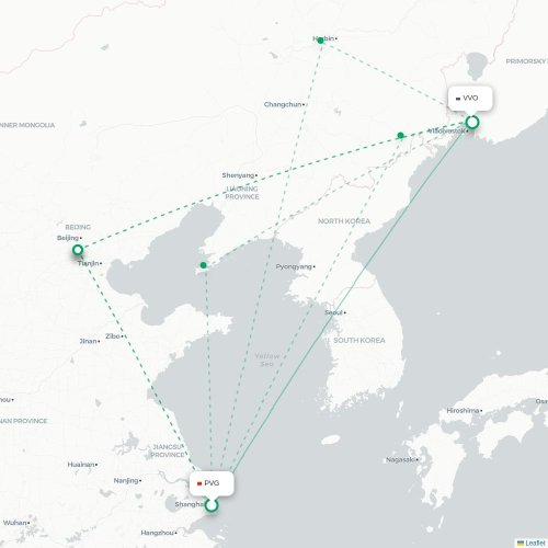 Mapa lotu bezpośredniego Szanghaj – Władywostok
