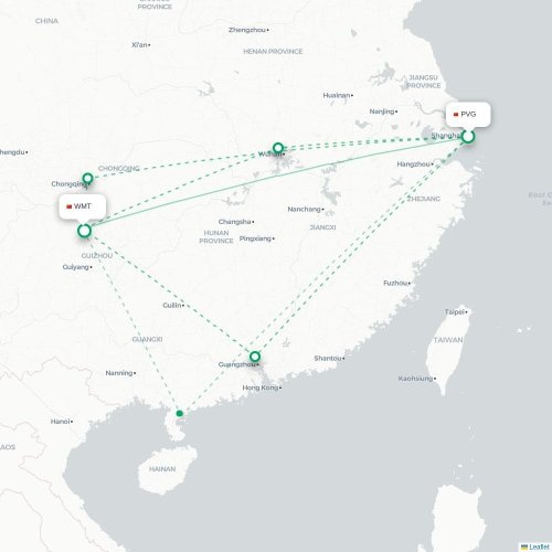 Mapa lotu bezpośredniego Szanghaj – Zunyi