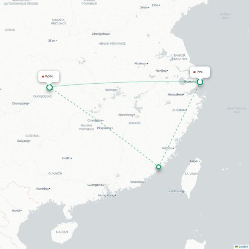 Mapa lotu bezpośredniego Szanghaj – Chongqing