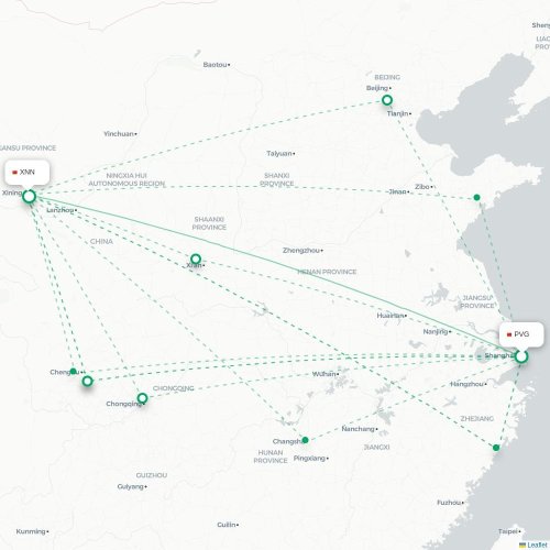 Mapa lotu bezpośredniego Szanghaj – Xining