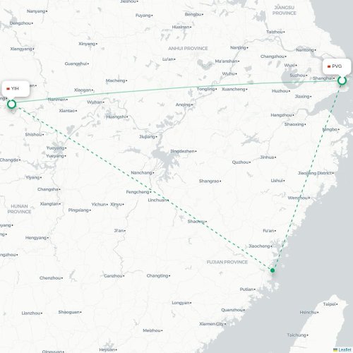 Mapa de vuelo directo Shangai - Yichang