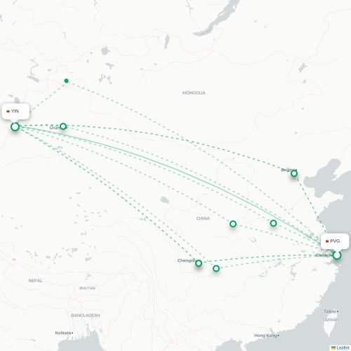 Mapa lotu bezpośredniego Szanghaj – Ili