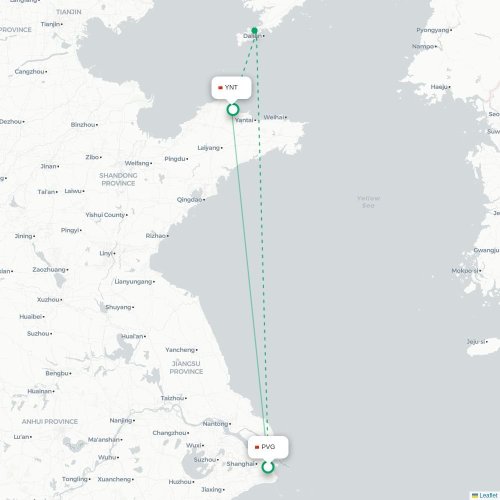 Mapa lotu bezpośredniego Szanghaj – Yantai