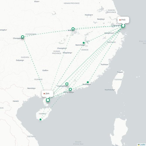 Mapa lotu bezpośredniego Szanghaj – Zhanjiang
