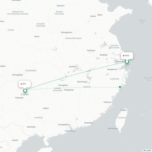 Mapa lotu bezpośredniego Szanghaj – Zunyi