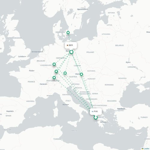 Mapa de vuelo directo Preveza - Berlín