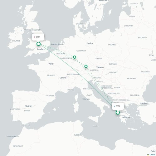 Mapa de vuelo directo Preveza - Birmingham