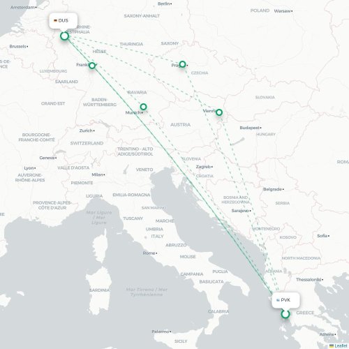 Mapa de vuelo directo Preveza - Düsseldorf