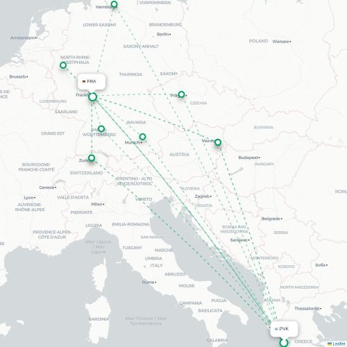 Mapa de vuelo directo Preveza - Fráncfort