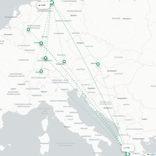 Mapa de vuelo directo Preveza - Hamburgo