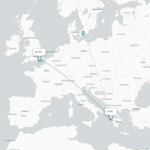Mapa de vuelo directo Preveza - Londres
