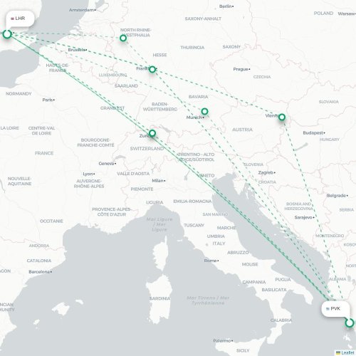 Mapa de vuelo directo Preveza - Londres