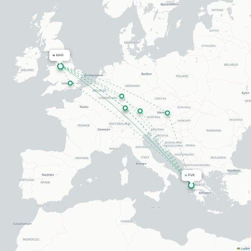 Mapa de vuelo directo Preveza - Mánchester