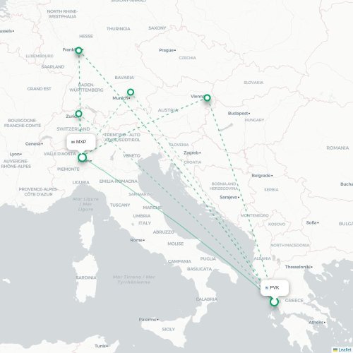 Mapa de vuelo directo Preveza - Milán