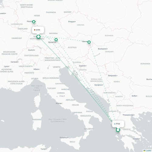 Mapa de vuelo directo Preveza - Stuttgart