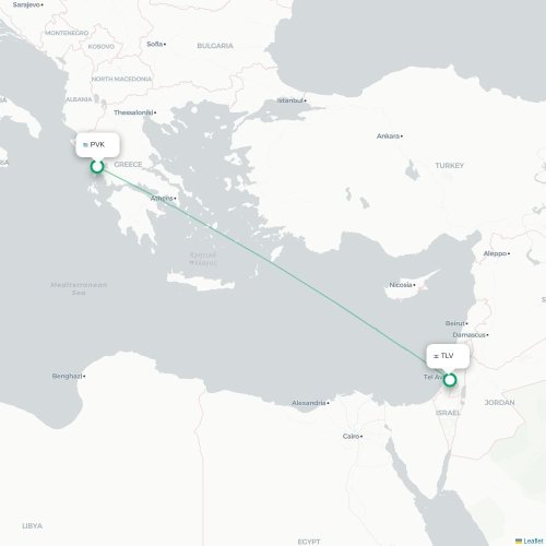 Mapa lotu bezpośredniego Preweza – Tel Awiw