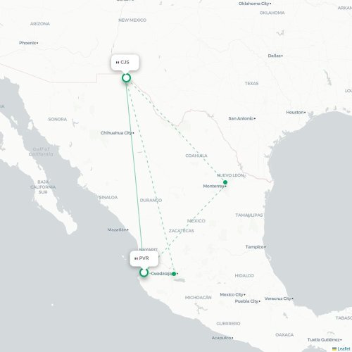 Puerto Vallarta - Ciudad Juárez kaart van rechtstreekse vlucht
