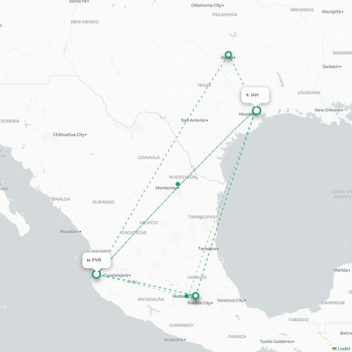 Mapa de vuelo directo Pto Vallarta - Houston