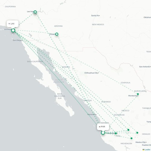 Mapa de vuelo directo Pto Vallarta - Los Ángeles