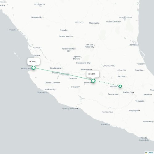 Puerto Vallarta - Morelia kort over direkte fly
