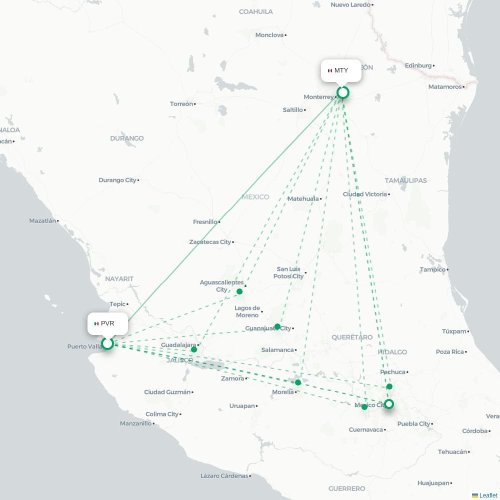 Mapa de vuelo directo Pto Vallarta - Monterrey
