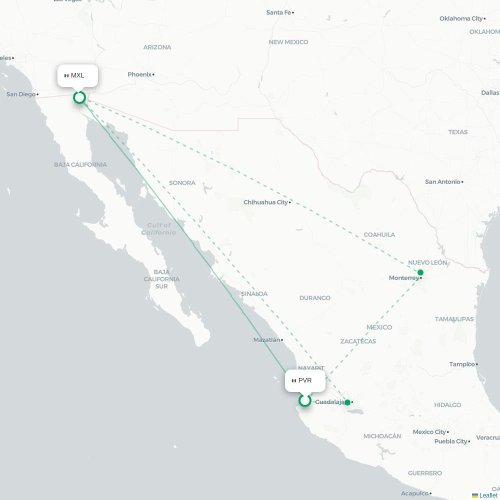 Puerto Vallarta - Mexicali kort over direkte fly