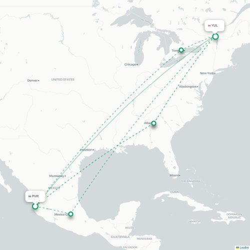 Mapa de vuelo directo Pto Vallarta - Montreal