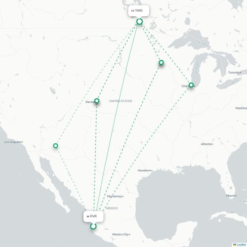 Mapa de vuelo directo Pto Vallarta - Winnipeg