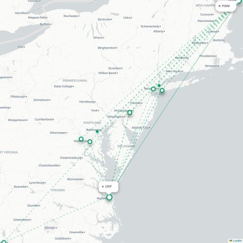 Mapa lotu bezpośredniego Portland – Norfolk