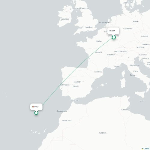 Mapa de vuelo directo Porto Santo - Luxemburgo
