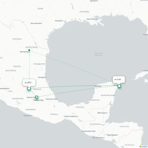 Mapa de vuelo directo Santiago de Querétaro - Cancún